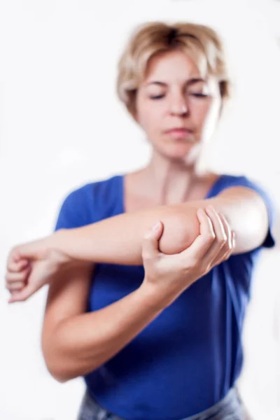 Woman Feels Strong Elbow Pain Isolated People Healthcare Medicine Concept — Stock Photo, Image