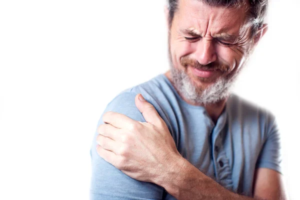 Männchen Fühlt Starke Schulterschmerzen Isoliert Menschen Gesundheitswesen Und Medizinkonzept — Stockfoto