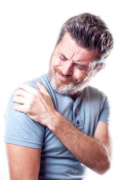 Hombre Siente Fuerte Dolor Hombro Aislado Concepto Personas Salud Medicina — Foto de Stock