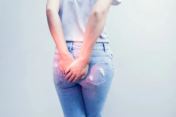 Woman Hand Holding Her Bottom Because Having Abdominal Pain Hemorrhoids Stock Photo