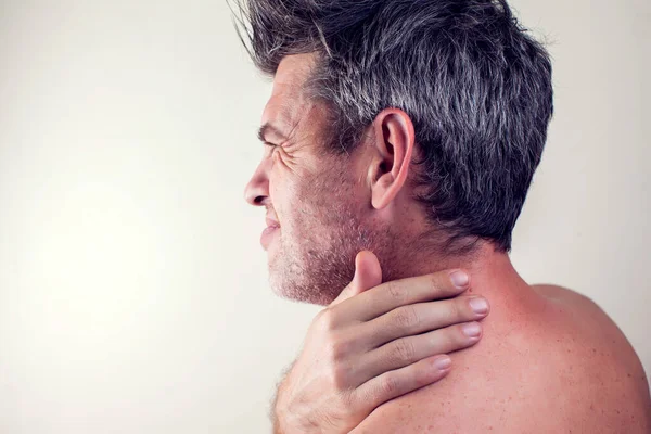 Lelaki Merasa Sakit Leher Yang Kuat Orang Orang Konsep Kesehatan — Stok Foto