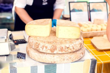 Peynir festivalinde farklı peynir çeşitleri. Organik ve tarım gıda konsepti