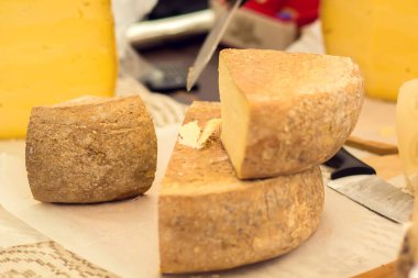 Peynir festivalinde farklı peynir çeşitleri. Organik ve tarım gıda konsepti