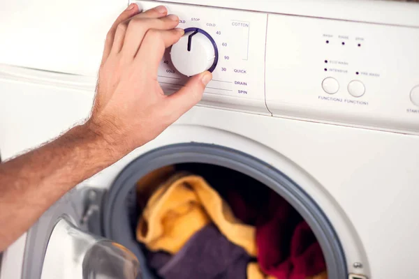 Man Hand Switches Washing Machine Choses Washing Mode — Stock Photo, Image