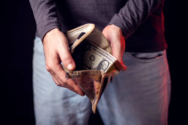 Man Shows Empty Wallet Front Black Background Poverty Financial Problems — Stock Photo, Image