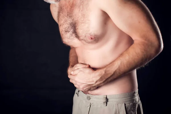 Homem Sente Uma Forte Dor Estômago Conceito Pessoas Cuidados Saúde — Fotografia de Stock