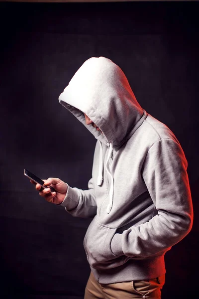 Man Wearing Hoody Sweater Mobile Phone Hands Crime Hacking Concept — Stock Photo, Image