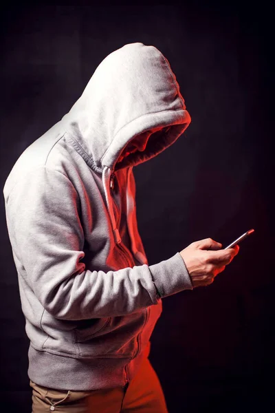 Man Wearing Hoody Sweater Mobile Phone Hands Crime Hacking Concept — Stock Photo, Image