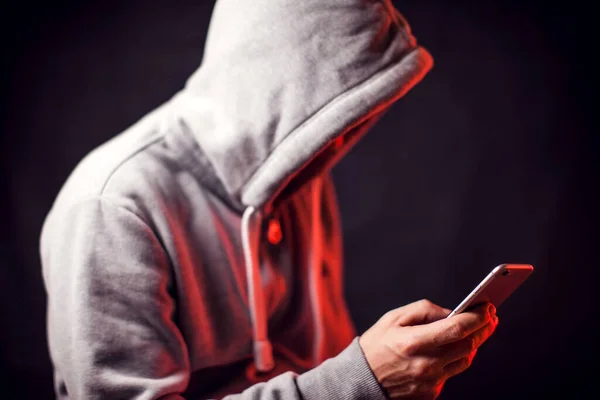Man Wearing Hoody Sweater Mobile Phone Hands Crime Hacking Concept — Stock Photo, Image