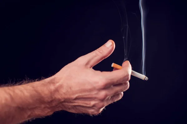 Cigarette Hand Black Background Smoke Addiction Concept — Stock Photo, Image