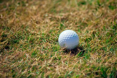 Golf sopası ve top yeşil sahada. Kapatın. Üst Manzara. Spor, rahatlama, eğlence ve eğlence konsepti..
