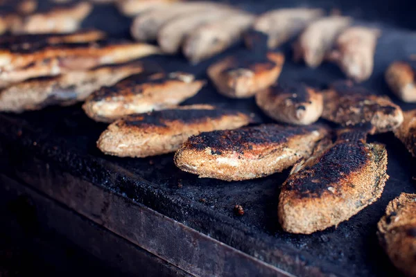 Sacco Pesce Alla Griglia Street Food Processo Cottura — Foto Stock