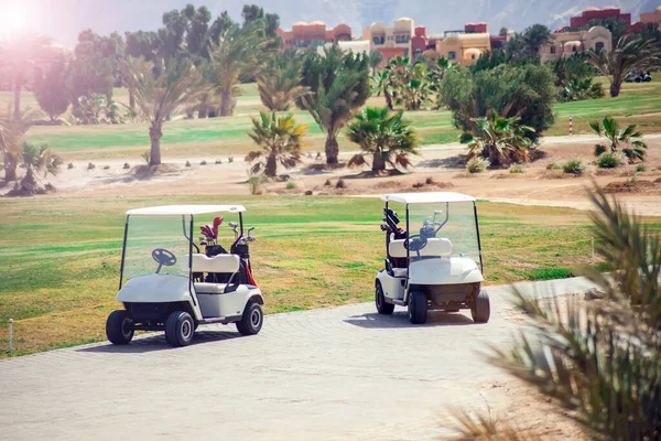 Golf Arabaları Çimen Spor Sahasında Spor Yaşam Tarzı Kavramı — Stok fotoğraf