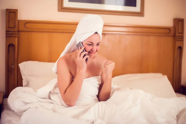 Technology Communication People Concept Young Woman Lying Bed Use Phone — Stock Photo, Image