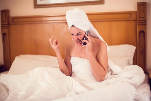 Technology Communication People Concept Angry Young Woman Lying Bed Use — Stock Photo, Image
