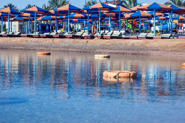 Strand Mit Liegestühlen Die Einer Reihe Auf Beigem Sand Stehen — Stockfoto