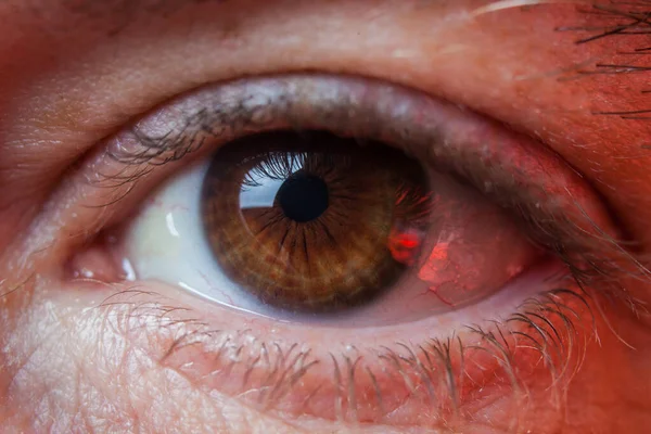 Makro Obraz Człowieka Smutne Brązowe Oko Łzami Szczegóły Zbliżenie — Zdjęcie stockowe