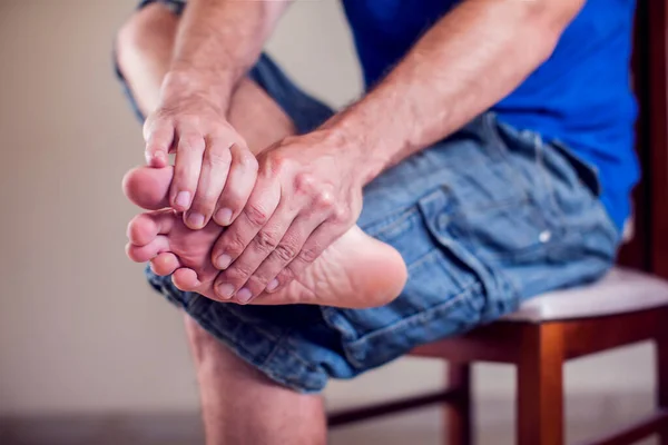 Man Suffering Foot Pain Sitting Bench Street People Health Care — Stock Photo, Image