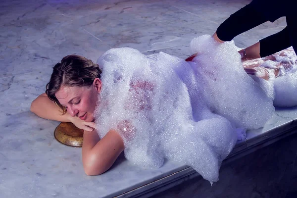 Young Woman Red Bikini Relaxing Hammam Turkish Bath — Stock Photo, Image