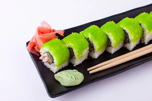 Rolo Sushi Chapa Preta Estilo Comida Japonês — Fotografia de Stock