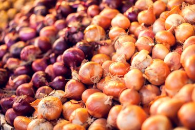 Arka plandaki yerel bakkalda satılık raflarda birçok organik soğan ve kırmızı soğan yakın plan. Taze sebze konsepti.