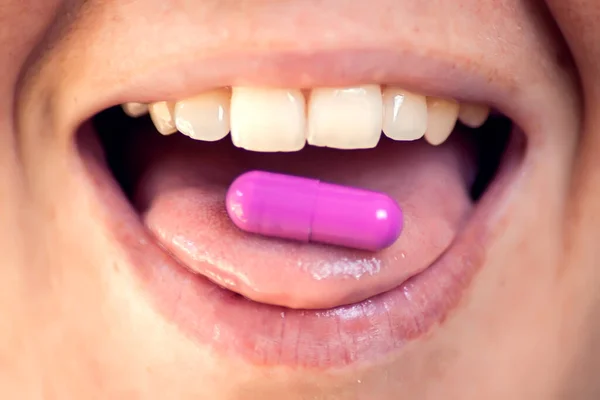 Open Mouth Holding Medicine Pill Tongue Woman Taking Medicine Healthcare — Stock Fotó