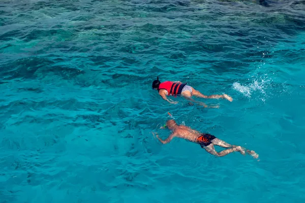 Vue Dessus Des Personnes Plongeant Apnée Dans Mer Concept Vacances — Photo