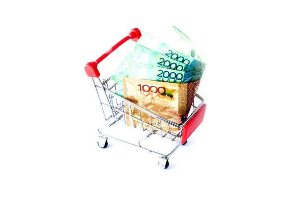 Shopping Trolley Kazakh Money Isolated White — Stock Photo, Image