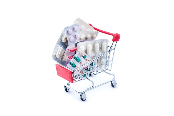 Full Shopping Trolley Pills White Background — Stock Photo, Image
