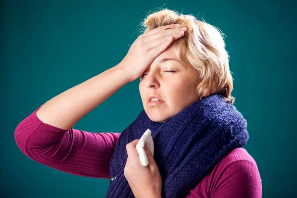 Woman Short Blond Hair Got Flu Has Headache People Healthcare — Stock Photo, Image