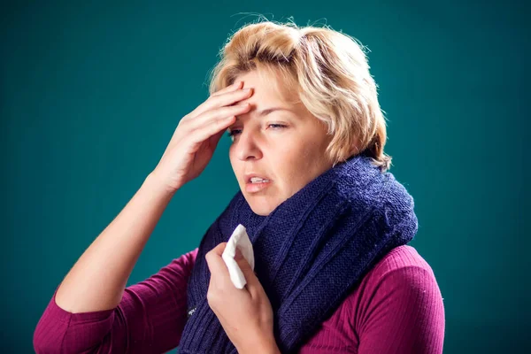 Woman Short Blond Hair Got Flu Has Headache People Healthcare — Stok Foto