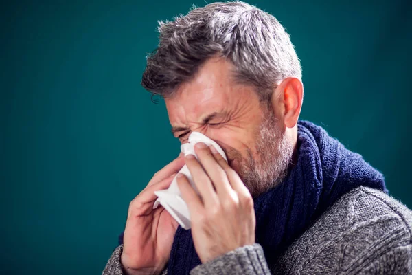 Man Blue Scarf Got Flu Blowing Nose Napkin People Healthcare — Stock Photo, Image