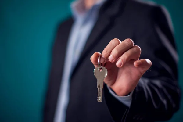 Businessman Suit Holding House Key Hand Mortgage Credit Property Concept — Foto de Stock