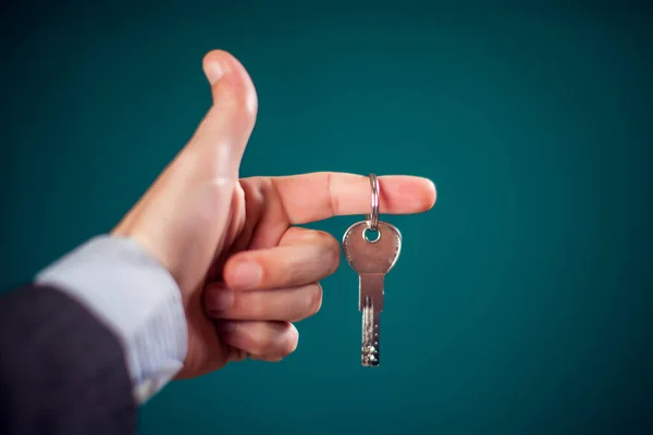Businessman Suit Holding House Key Hand Mortgage Credit Property Concept — Foto de Stock