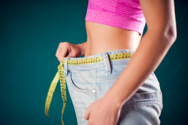 Woman Wearing Big Size Jeans Meter Belt Weight Loss Fitness — Stok fotoğraf