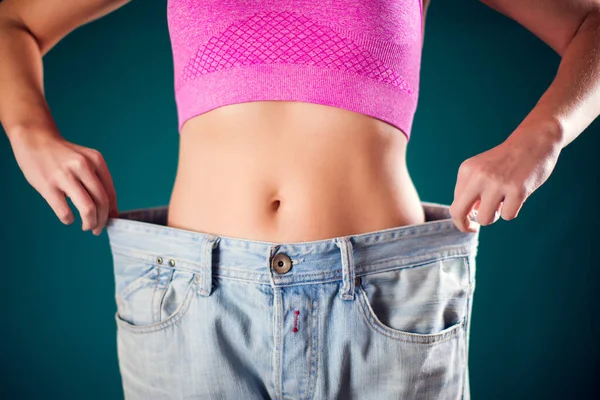 Woman Wearing Big Size Jeans Weight Loss Fitness Diet Concept — Stok fotoğraf