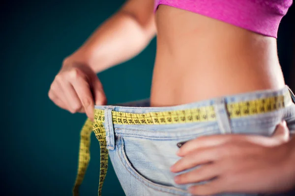 Woman Wearing Big Size Jeans Meter Belt Weight Loss Fitness — Stok fotoğraf