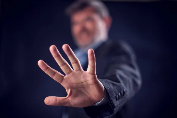 Businessman Suit Showing Stop Sign Hands Front Black Background — ストック写真