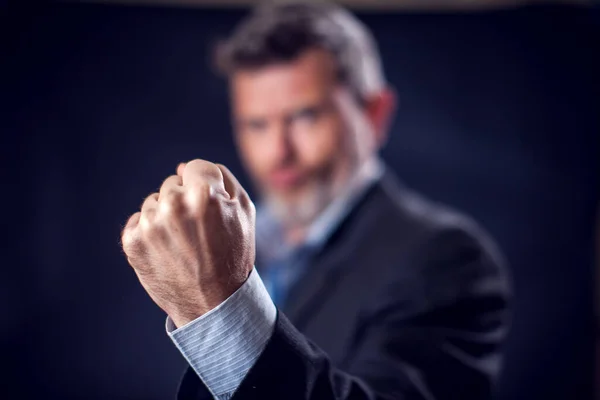 Businessman Suit Showing Fist Gesture Front Black Background — ストック写真