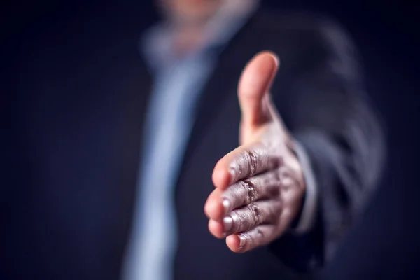 Businessman Suit Showing Handshake Camera Front Black Background — ストック写真