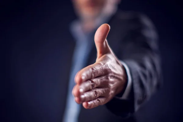 Businessman Suit Showing Handshake Camera Front Black Background — ストック写真