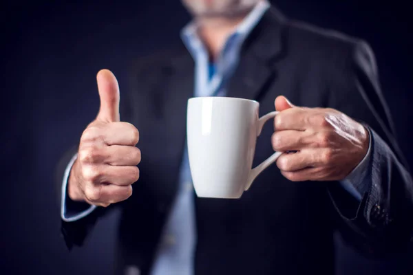 Businessman Suit Holding Cup Tea Coffee Hand Front Black Background — ストック写真