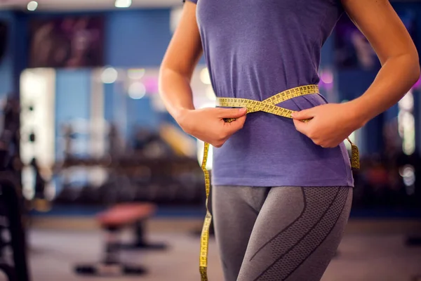Woman Bue Shirt Measuring Waist Meter Gym People Fitness Health — Foto de Stock