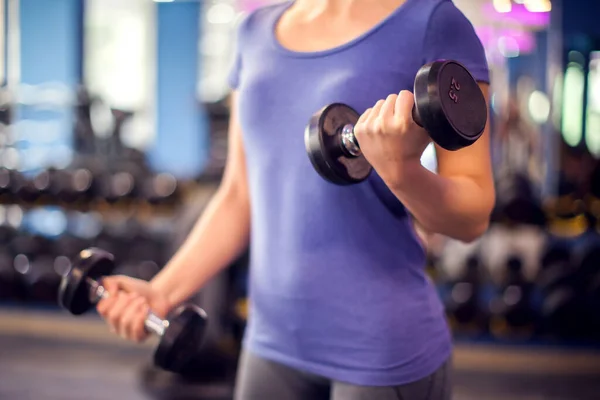 Woman Blue Shirt Short Hair Training Dumbbells Gym People Fitness — Foto de Stock