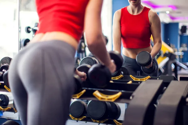 Woman Red Top Taking Dumbbells Front Mirror Gym Back View — Foto de Stock