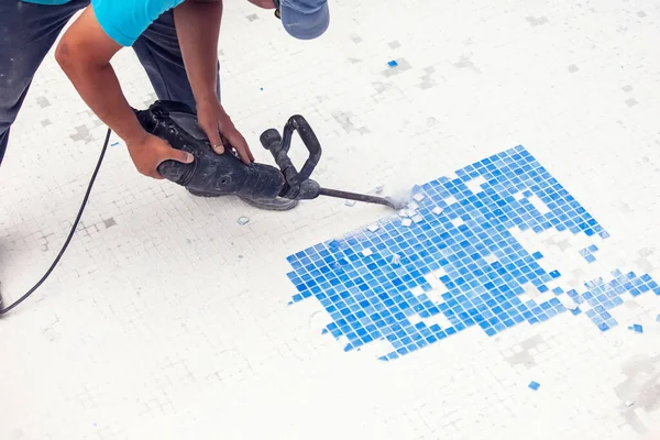 Removing Tile Pool Renovation Work Swimming Pool — Stock Photo, Image