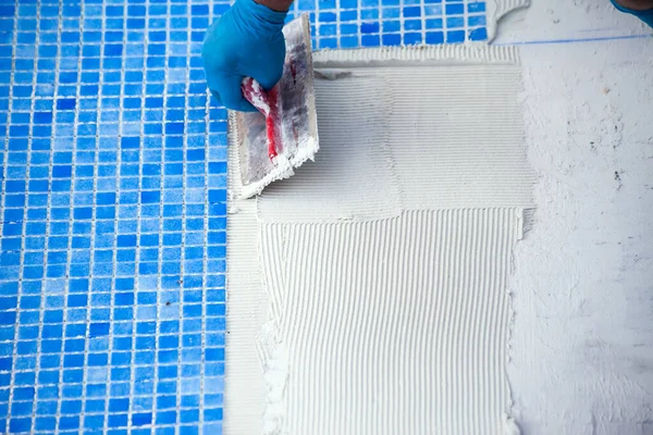 Worker Laying Tile Pool Pool Repairing Work Royalty Free Stock Images