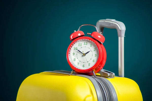 Alarm Clock Luggage Travel Holiday Concept Studio Shot — Fotografia de Stock
