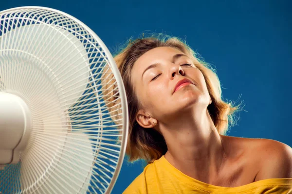 Portrait Woman Front Fan Suffering Heat Hot Weather Concept — Fotografia de Stock