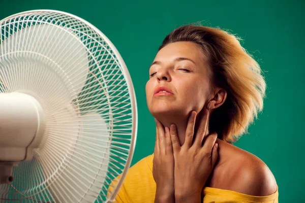 Portrait Woman Front Fan Suffering Heat Hot Weather Concept — Fotografia de Stock